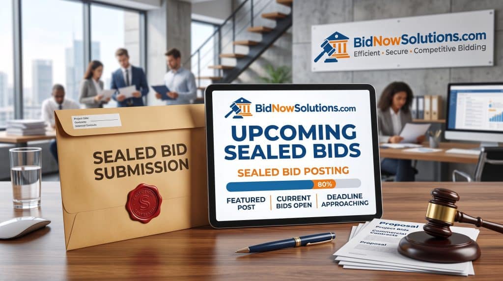 Tablet displays upcoming sealed bids beside confidential submission envelope.