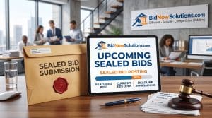 Tablet displays upcoming sealed bids beside confidential submission envelope.