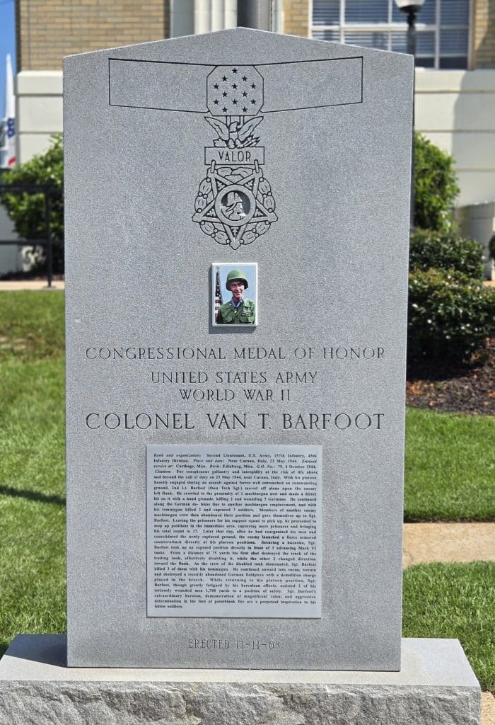 Medal of Honor monument for Colonel Barfoot, WWII.