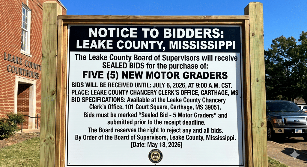 Notice to bidders sign outside Leake County Courthouse