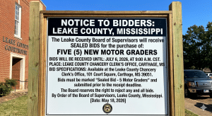 Notice to bidders sign outside Leake County Courthouse